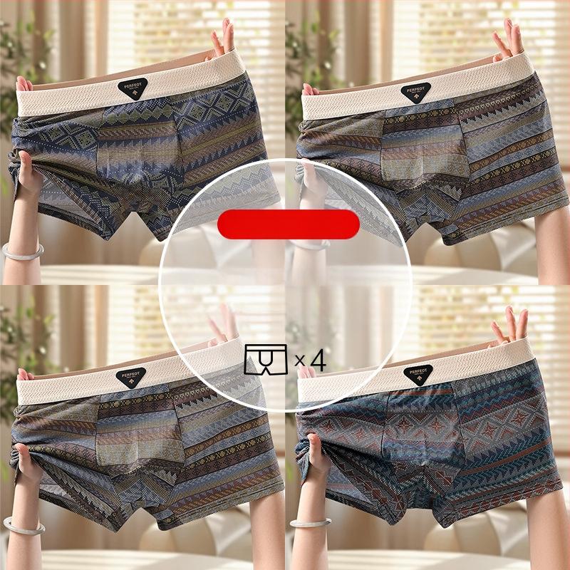 Férfi retro etnikus mintájú pamut boxer briefek, lélegző, antibakteriális, kényelmes, középmagas derekú