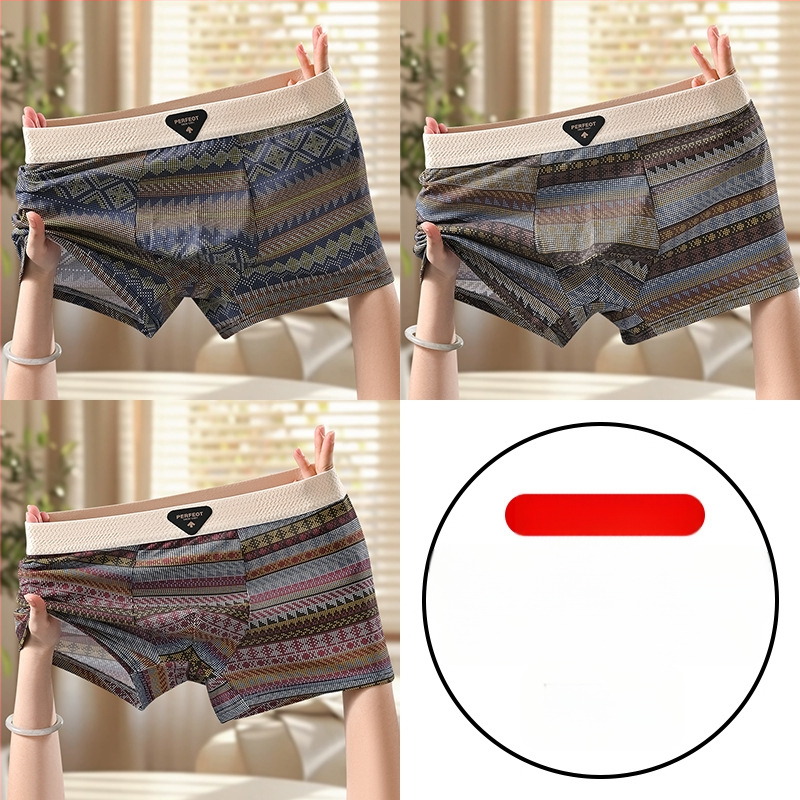 Férfi retro etnikus mintájú pamut boxer briefek, lélegző, antibakteriális, kényelmes, középmagas derekú