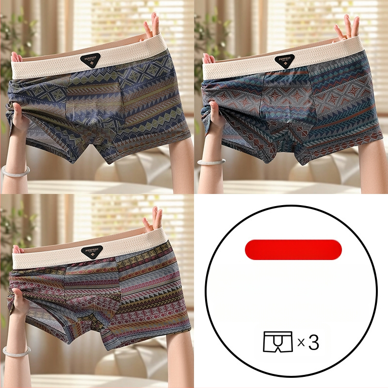 Férfi retro etnikus mintájú pamut boxer briefek, lélegző, antibakteriális, kényelmes, középmagas derekú