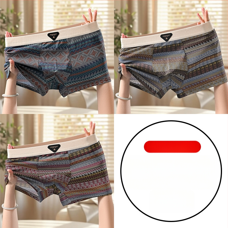 Férfi retro etnikus mintájú pamut boxer briefek, lélegző, antibakteriális, kényelmes, középmagas derekú