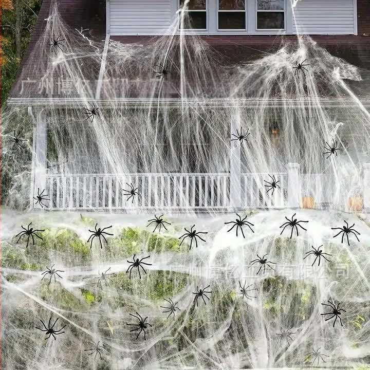 Διακόσμηση ιστού αράχνης για το Halloween με 10 ψεύτικες αράχνες, υπερελαστικός πλαστικός ιστός, διακόσμηση χώρων