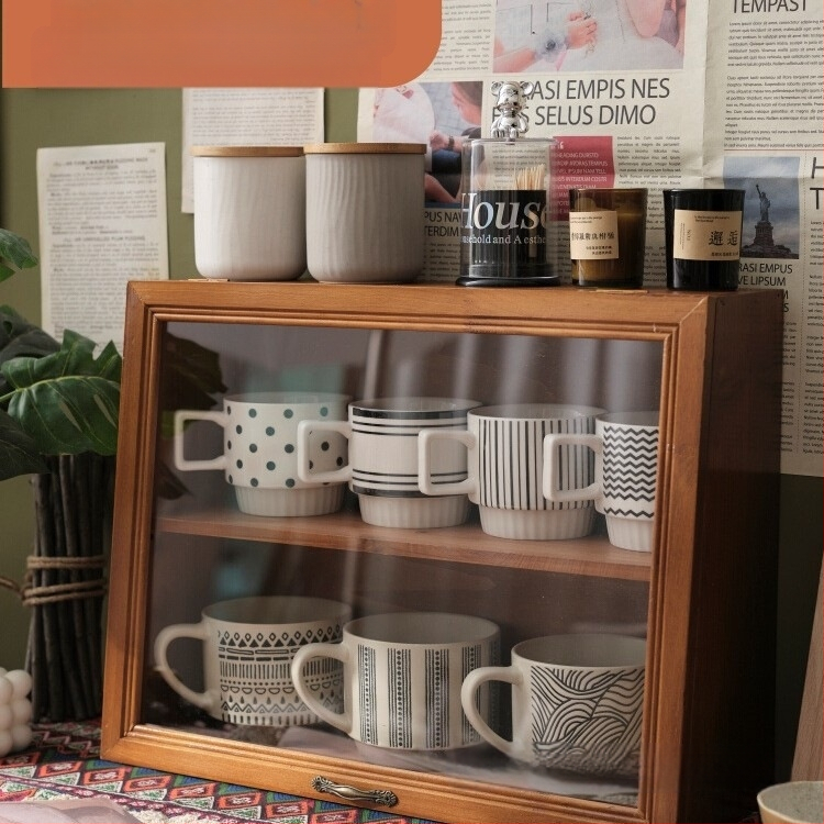 Asztali fa tároló doboz bögrékhez és teáskészletekhez, világos luxus stílus, porálló, fedéllel, anyag: fa, logó nyomtatás: igen