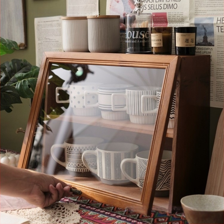 Asztali fa tároló doboz bögrékhez és teáskészletekhez, világos luxus stílus, porálló, fedéllel, anyag: fa, logó nyomtatás: igen