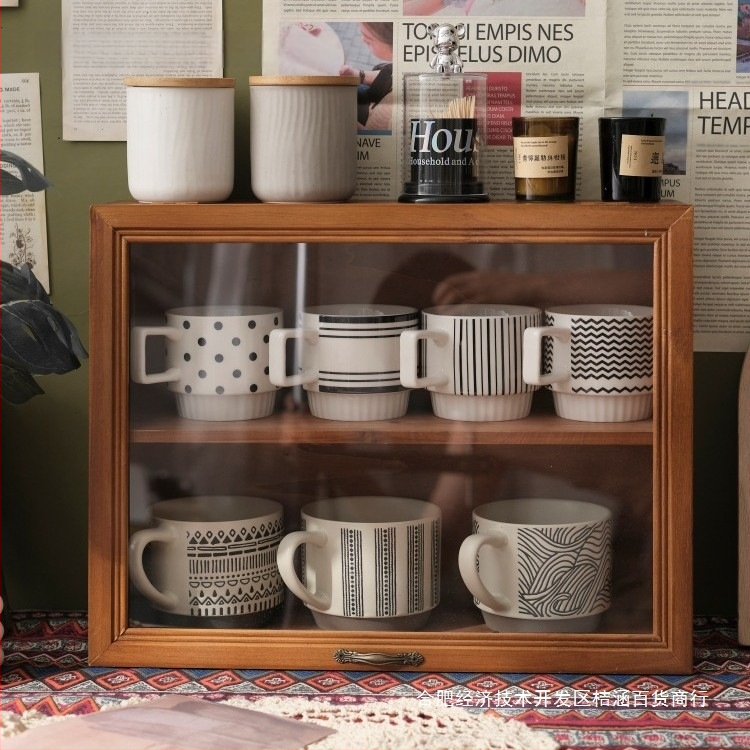 Asztali fa tároló doboz bögrékhez és teáskészletekhez, világos luxus stílus, porálló, fedéllel, anyag: fa, logó nyomtatás: igen