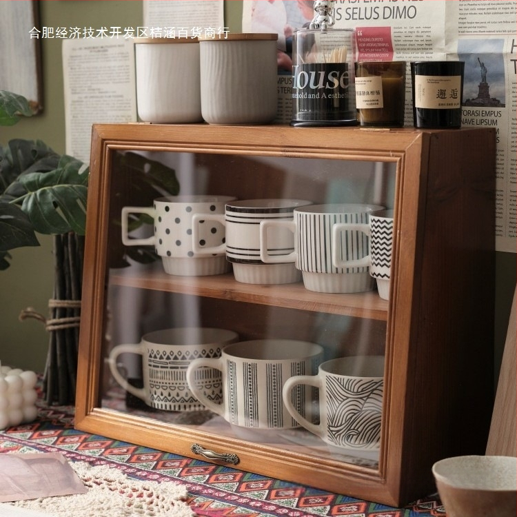 Asztali fa tároló doboz bögrékhez és teáskészletekhez, világos luxus stílus, porálló, fedéllel, anyag: fa, logó nyomtatás: igen