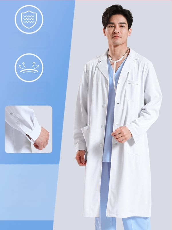 Ανδρικός ιατρικός ρόμπα, μακριά μανίκια, λειτουργία κατά των ρυτίδων, ύφασμα από βαμβακό-μίγμα, επένδυση πολυεστέρα, ιατρικά εργασιακά ρούχα