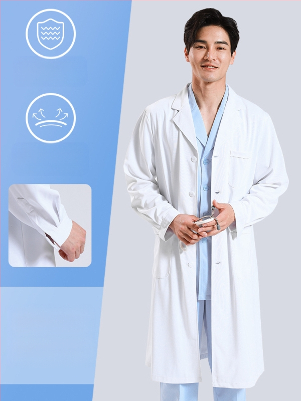 Ανδρικός ιατρικός ρόμπα, μακριά μανίκια, λειτουργία κατά των ρυτίδων, ύφασμα από βαμβακό-μίγμα, επένδυση πολυεστέρα, ιατρικά εργασιακά ρούχα