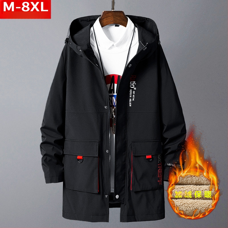 Ανδρικό παλτό με κουκούλα, φαρδιά γραμμή, Plus size, μεσαίου μήκους, κλείσιμο με φερμουάρ