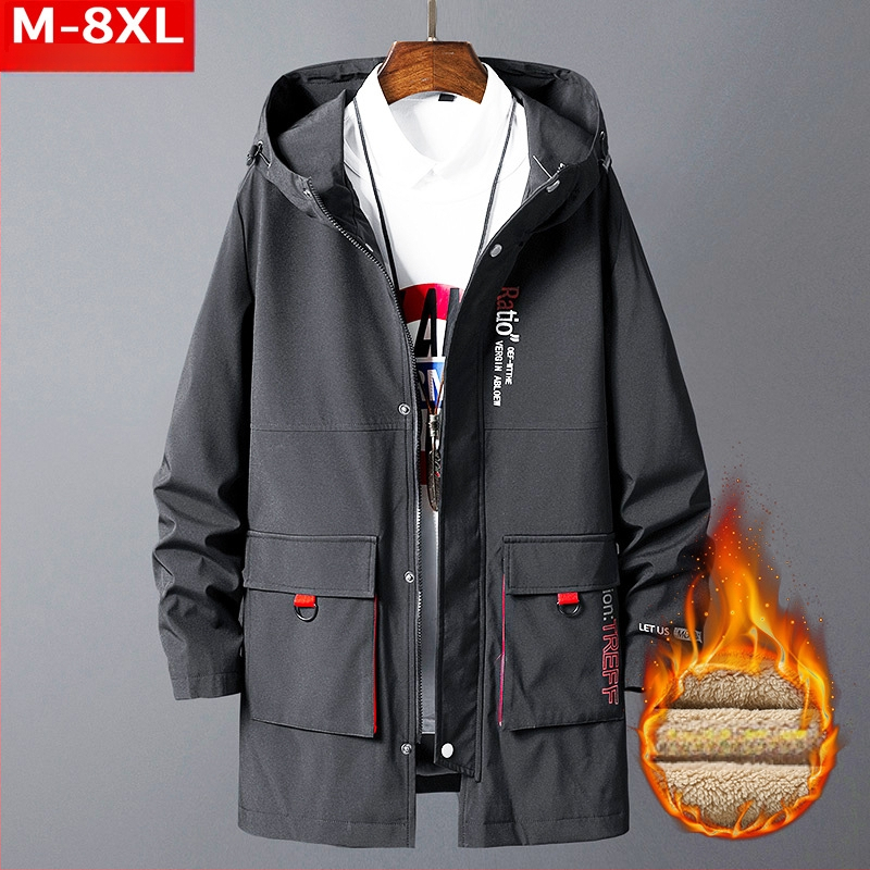 Ανδρικό παλτό με κουκούλα, φαρδιά γραμμή, Plus size, μεσαίου μήκους, κλείσιμο με φερμουάρ