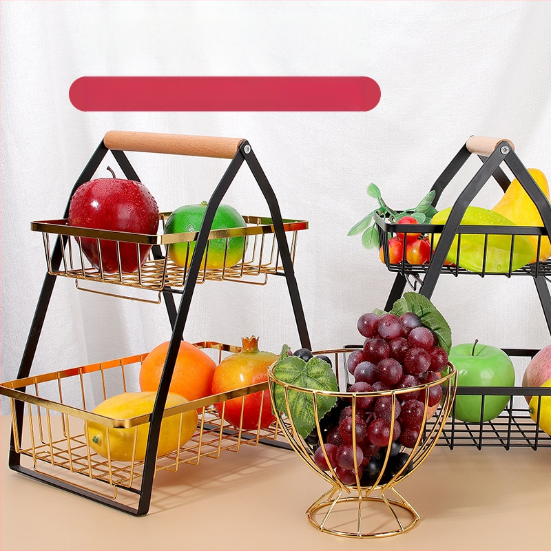Πολυεπίπερο καλάθι φρούτων σε σχήμα V με αποσπώμενο μεταλλικό πλαίσιο και ξύλινο χερούλι — ράφι κουζίνας από χάλυβα άνθρακα