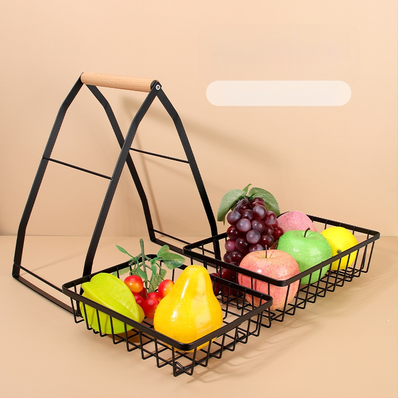 Πολυεπίπερο καλάθι φρούτων σε σχήμα V με αποσπώμενο μεταλλικό πλαίσιο και ξύλινο χερούλι — ράφι κουζίνας από χάλυβα άνθρακα