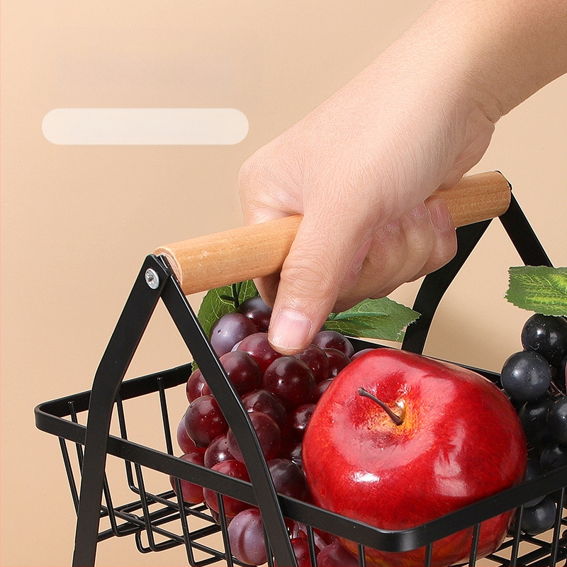 Πολυεπίπερο καλάθι φρούτων σε σχήμα V με αποσπώμενο μεταλλικό πλαίσιο και ξύλινο χερούλι — ράφι κουζίνας από χάλυβα άνθρακα