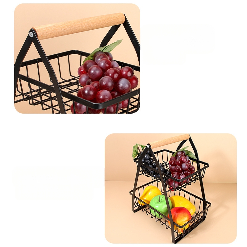 Πολυεπίπερο καλάθι φρούτων σε σχήμα V με αποσπώμενο μεταλλικό πλαίσιο και ξύλινο χερούλι — ράφι κουζίνας από χάλυβα άνθρακα