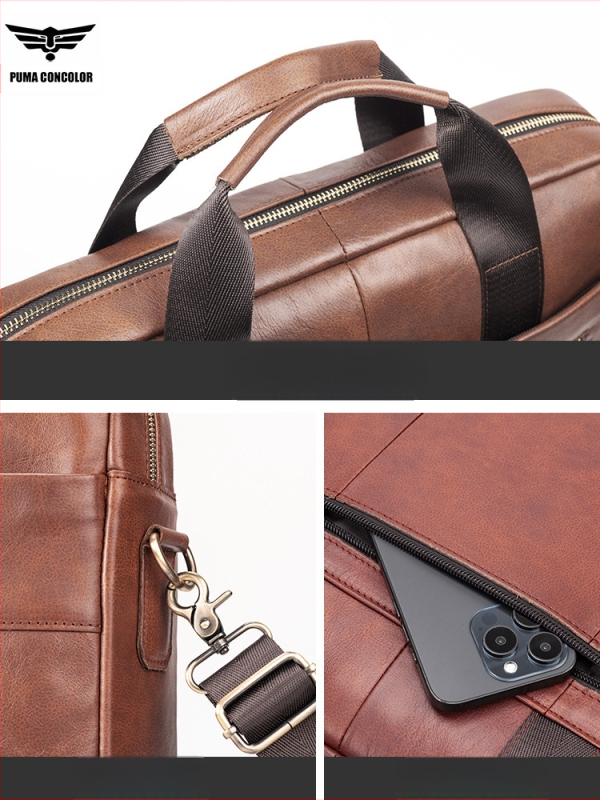 Делов портфейл за лаптоп от естествена кожа — горен слой телешка кожа, дишаща, водоустойчива, износоустойчива, голям капацитет