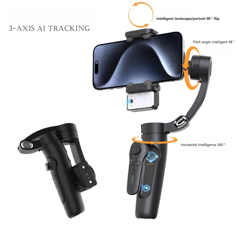 Gimbal inteligent pentru smartphone cu urmărire pe două axe, stabilizator cu trei axe și lumină magnetică portabilă pentru streaming live, rotire orizontală de 360° și înclinare verticală de 48°