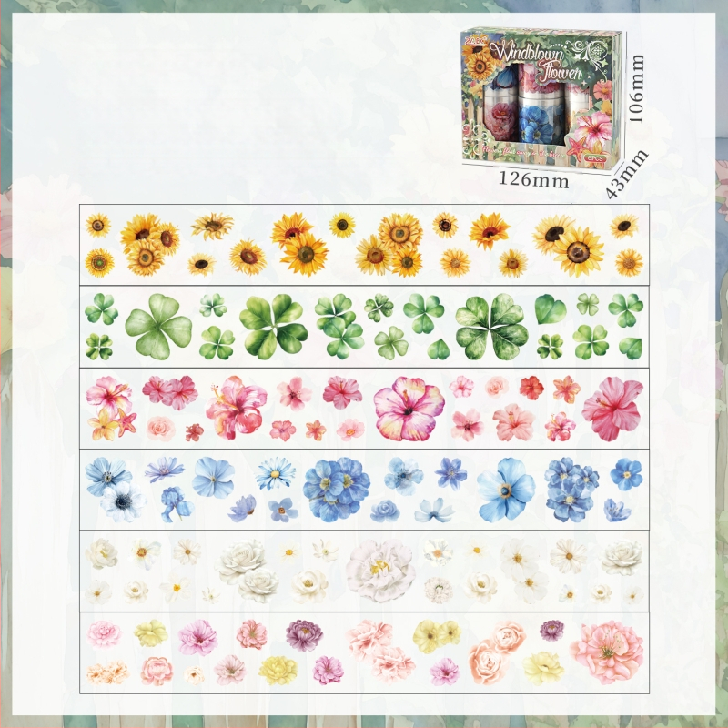 Комплект декоративни ленти с флорална тема, 2 стила, 6 ролки, самозалепващи, принтиран дизайн