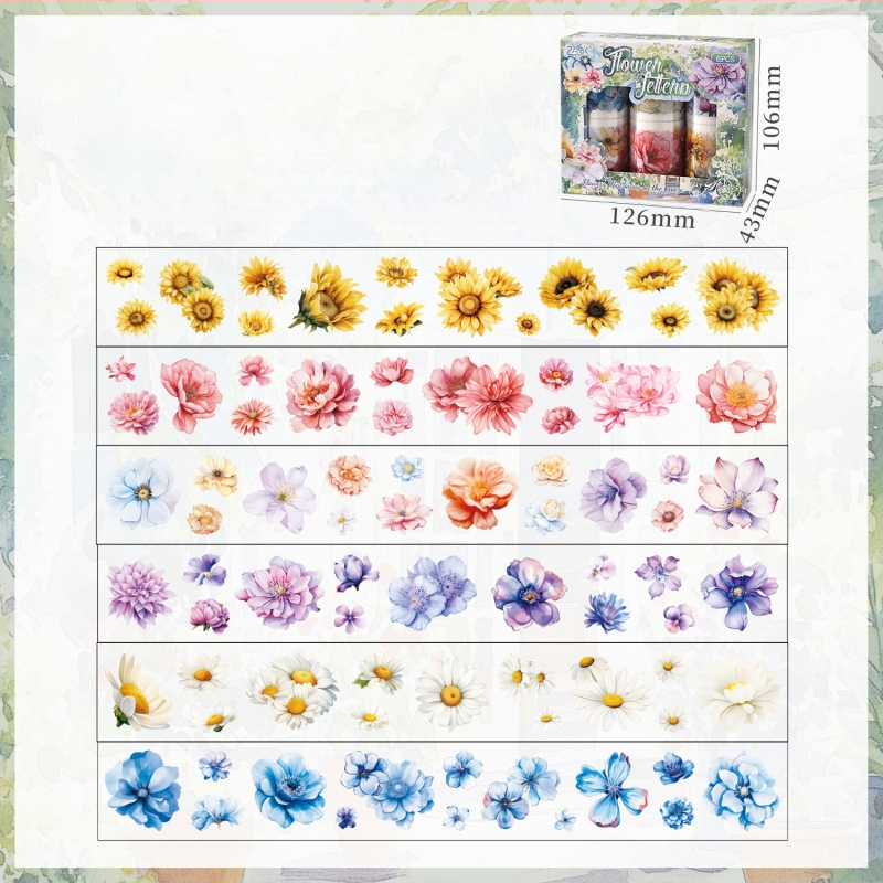 Комплект декоративни ленти с флорална тема, 2 стила, 6 ролки, самозалепващи, принтиран дизайн