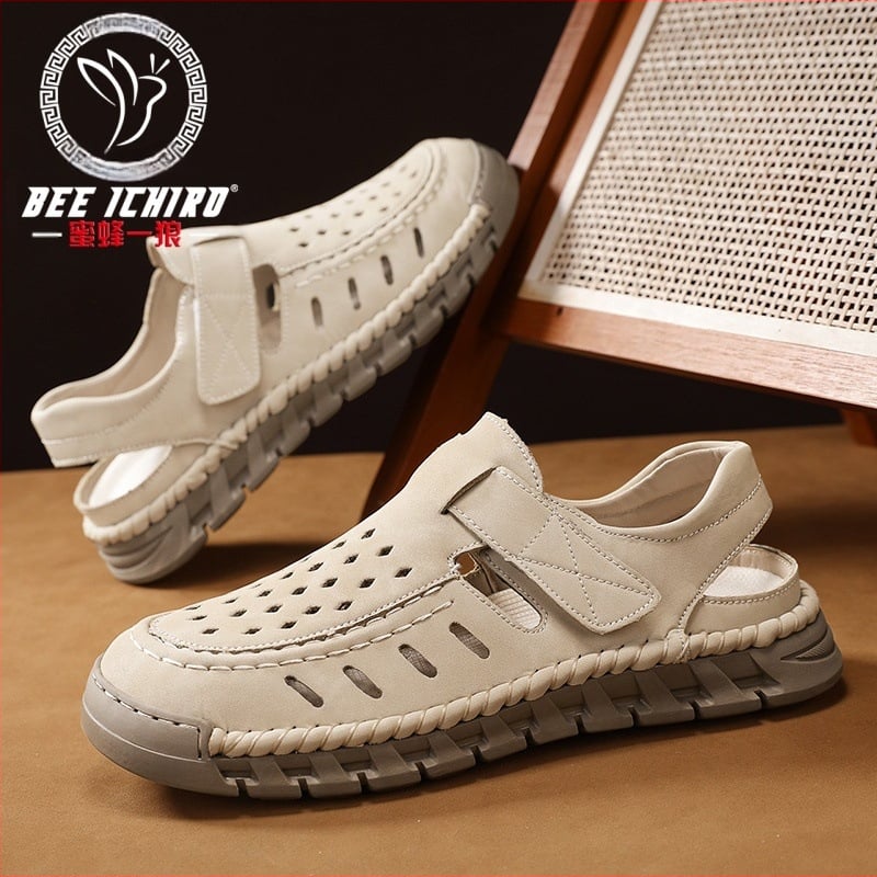 Ανδρικά Slip-On σανδάλια με ανοιχτό δάχτυλο, nubuk δέρμα στο πάνω μέρος, σόλα από καουτσούκ, διαπνοή, αντιολισθητικά