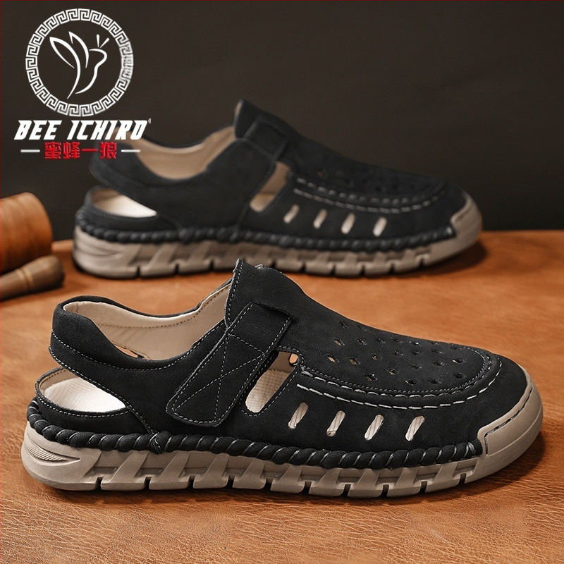 Ανδρικά Slip-On σανδάλια με ανοιχτό δάχτυλο, nubuk δέρμα στο πάνω μέρος, σόλα από καουτσούκ, διαπνοή, αντιολισθητικά