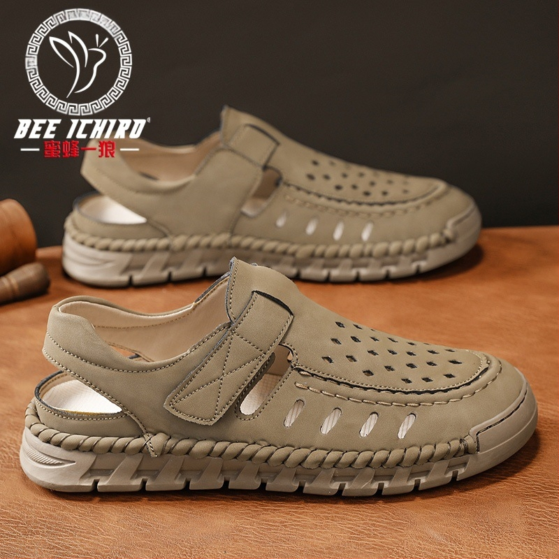 Ανδρικά Slip-On σανδάλια με ανοιχτό δάχτυλο, nubuk δέρμα στο πάνω μέρος, σόλα από καουτσούκ, διαπνοή, αντιολισθητικά