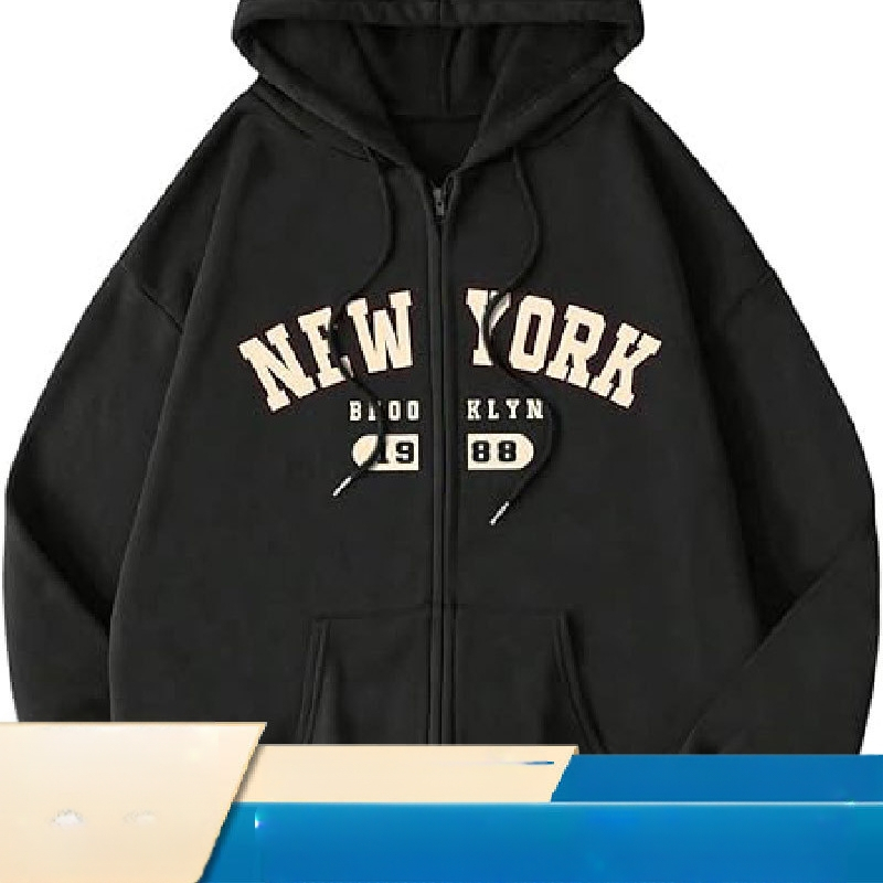 Kapucnis cipzáros pulóver alfanumerikus nyomtatással, laza szabású, japán-koreai városi stílus, 70–80% poliészter