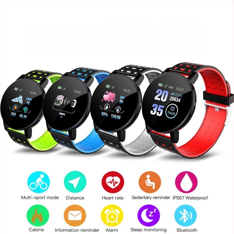 Brățară inteligentă cu monitorizarea ritmului cardiac, tensiunea arterială, somnul, oxigenul din sânge și numărarea pașilor — curea din silicon, cadran rotund