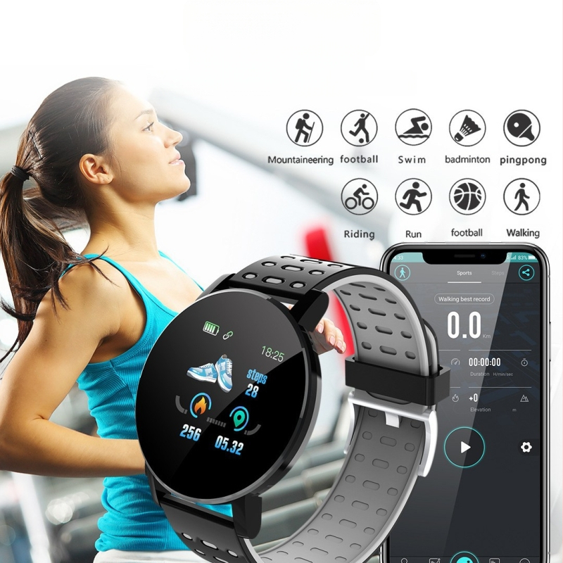 Brățară inteligentă cu monitorizarea ritmului cardiac, tensiunea arterială, somnul, oxigenul din sânge și numărarea pașilor — curea din silicon, cadran rotund