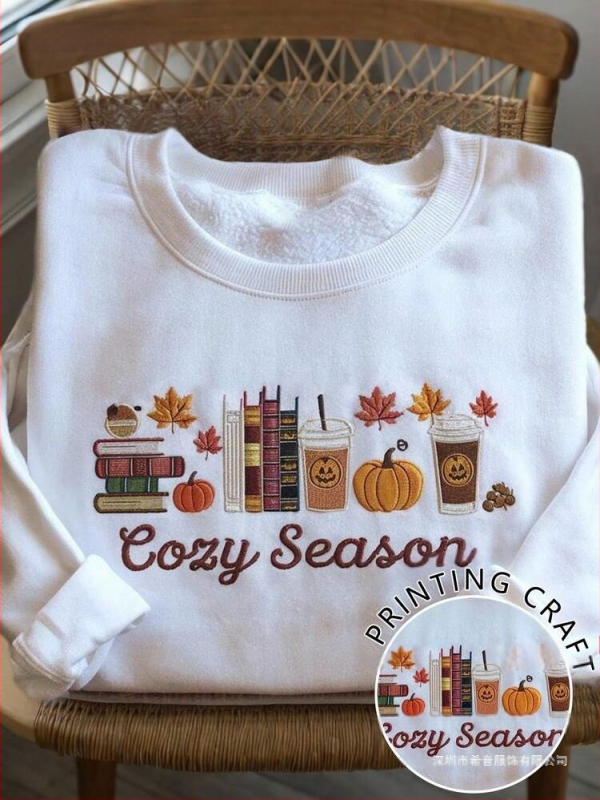 Lalippa Moterų su gobtuvu džemperis su raidėmis ir moliūgų siuvinėjimu, Poliesteris 95%+, ilgomis rankovėmis, vidutinio tankio, japonų-korejiečių kasdienis stilius