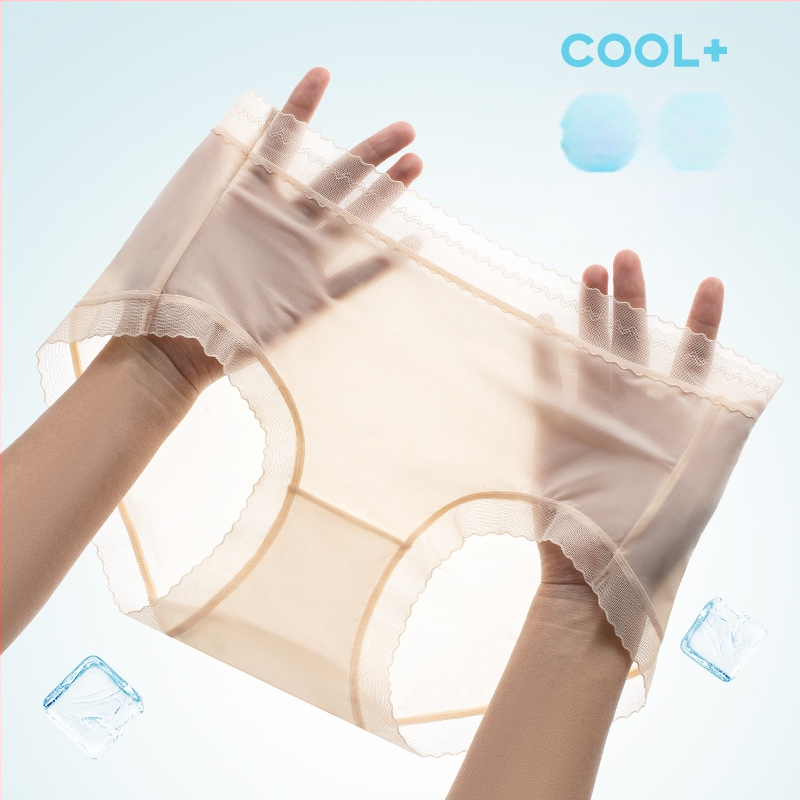 Moterų aukštu liemeniu apatiniai iš Ice Silk; kirkšnies pamušalas Mulberry šilkas; pagrindinis audinys Nylon 80-90%; vasaros 2025 kolekcija.