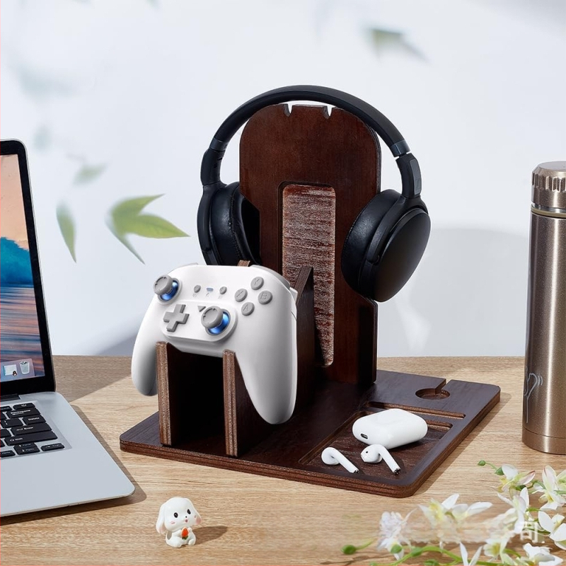Medinis ausinių laikiklis ant stalviršio ir žaidimų pultelių saugykla – 3 aukštų daugiafunkcinis PC priedų organizatorius