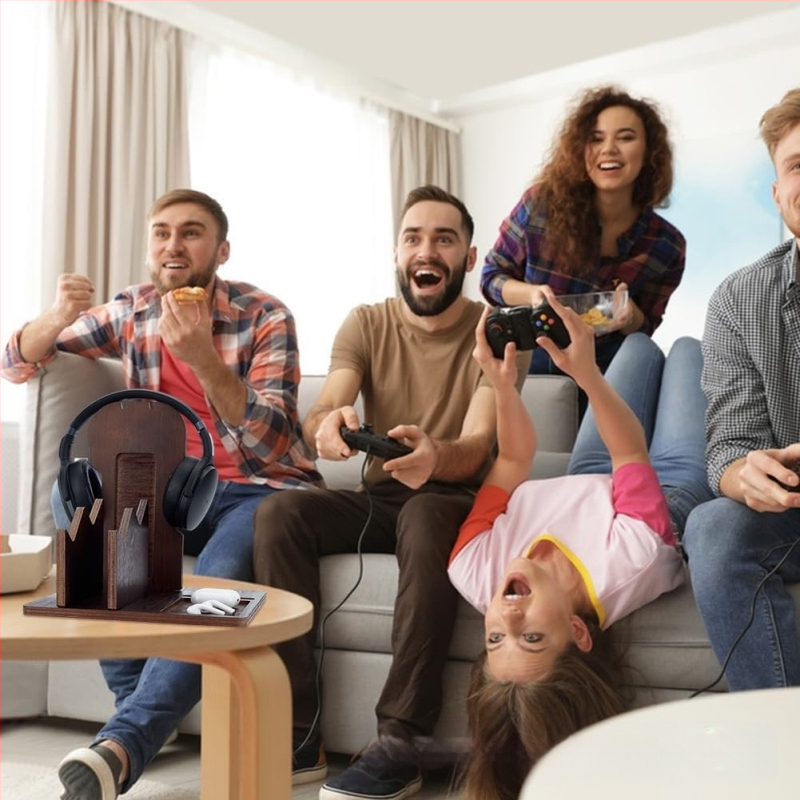 Medinis ausinių laikiklis ant stalviršio ir žaidimų pultelių saugykla – 3 aukštų daugiafunkcinis PC priedų organizatorius