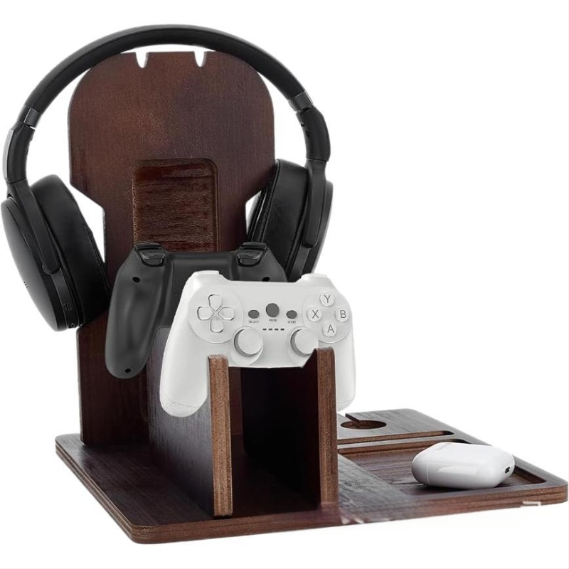 Medinis ausinių laikiklis ant stalviršio ir žaidimų pultelių saugykla – 3 aukštų daugiafunkcinis PC priedų organizatorius