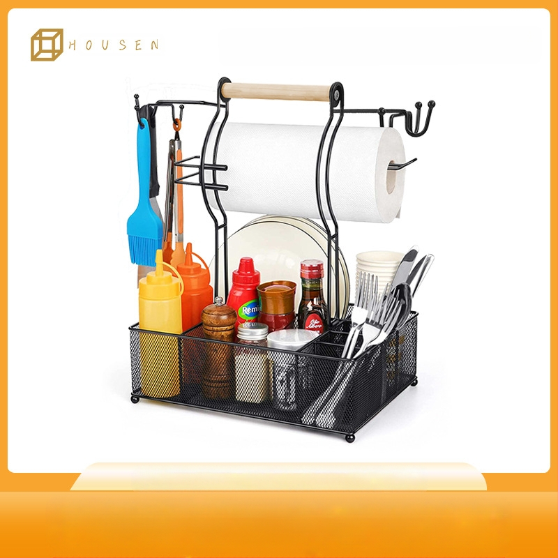 Ράφι κουζίνας για μπαχαρικά με θήκη χαρτιού και αποθήκευση ξυλακιών φαγητού, αναδιπλούμενο, περιστρεφόμενο, χωρίς οπές, σιδερένιο καλώδιο