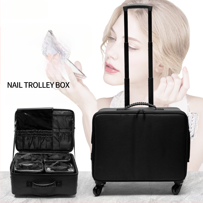 Profesionalus makiažo dėklas su teleskopine lazdele, didelė talpa, Oxford audinys, universalieji ratai, užtrauktukas, su išplėtimo sluoksniu