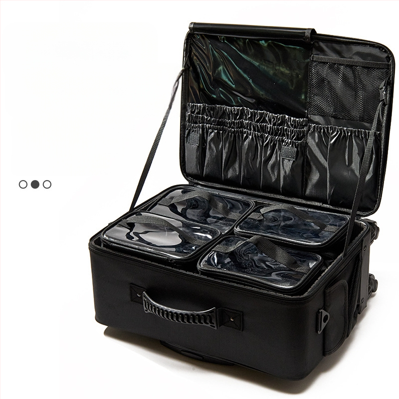 Profesionalus makiažo dėklas su teleskopine lazdele, didelė talpa, Oxford audinys, universalieji ratai, užtrauktukas, su išplėtimo sluoksniu