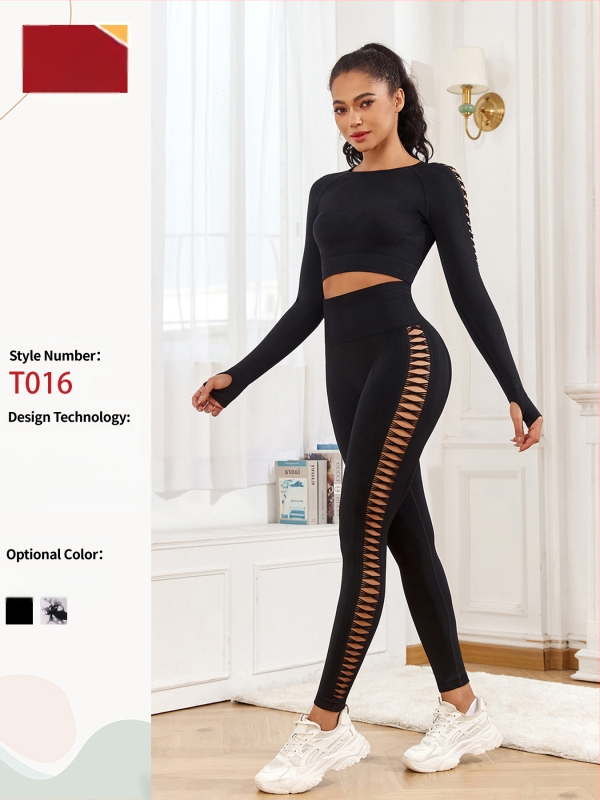 Dvejų dalių be siūlių jogos komplektas moterims – ilgomis rankovėmis viršus ir legginai, audinys Nylon/Spandex 92%/8%