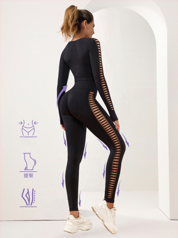 Dvejų dalių be siūlių jogos komplektas moterims – ilgomis rankovėmis viršus ir legginai, audinys Nylon/Spandex 92%/8%