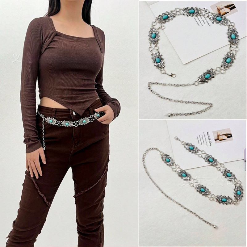 Metalinė juosmens grandinė retro stiliuje su įliejtais elementais ir lobster tipo užsegimu, 2023 m. pavasaris