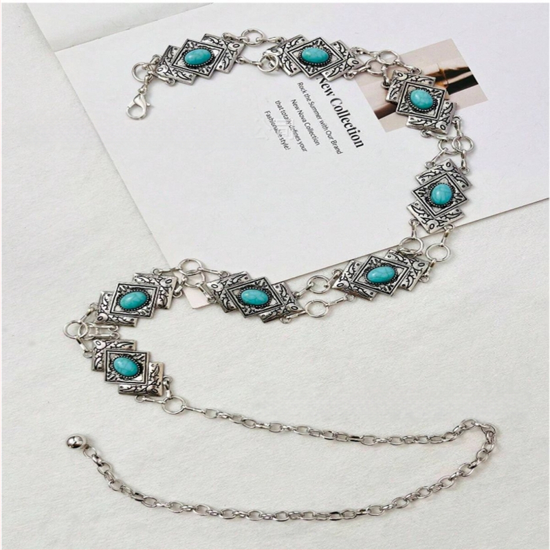 Metalinė juosmens grandinė retro stiliuje su įliejtais elementais ir lobster tipo užsegimu, 2023 m. pavasaris