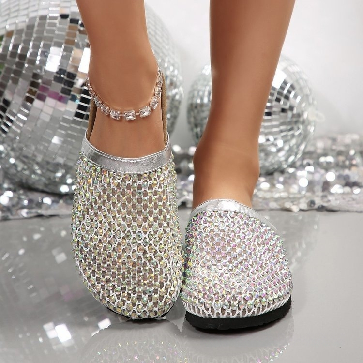 Moterų rhinestone šlepetės su PU viršutine dalimi, gumos pada, plokščias kulnas, pavasaris 2025