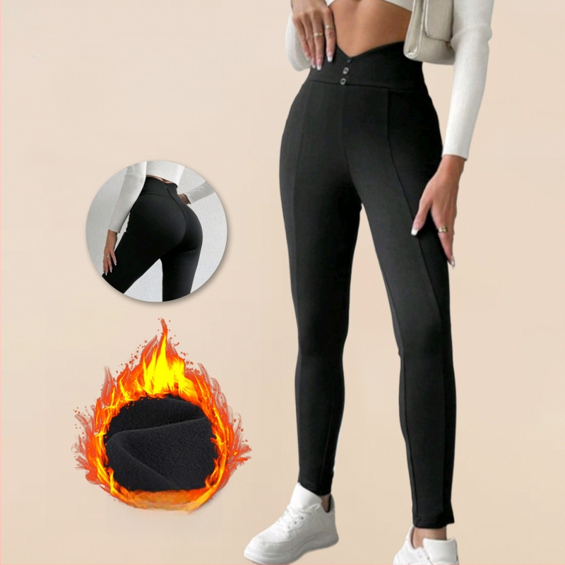 Sieviešu šaurās bikses ar konisku piegriezumu, iekšējā flīsa oderējums, augsta josta, priekšā pogu aizdares, garas, poliester-elastāna maisījums