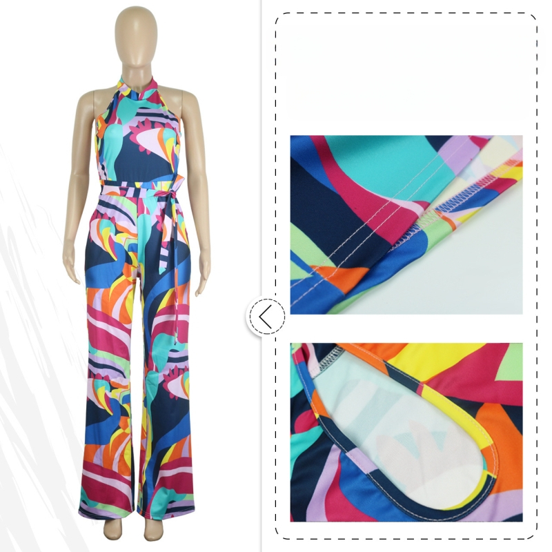 Sievietēm bez piedurknēm kombinezonā ar drukātu jostu, taisns griezums, viduklis vidējā augstumā, kokvilnas-poliesteres audums