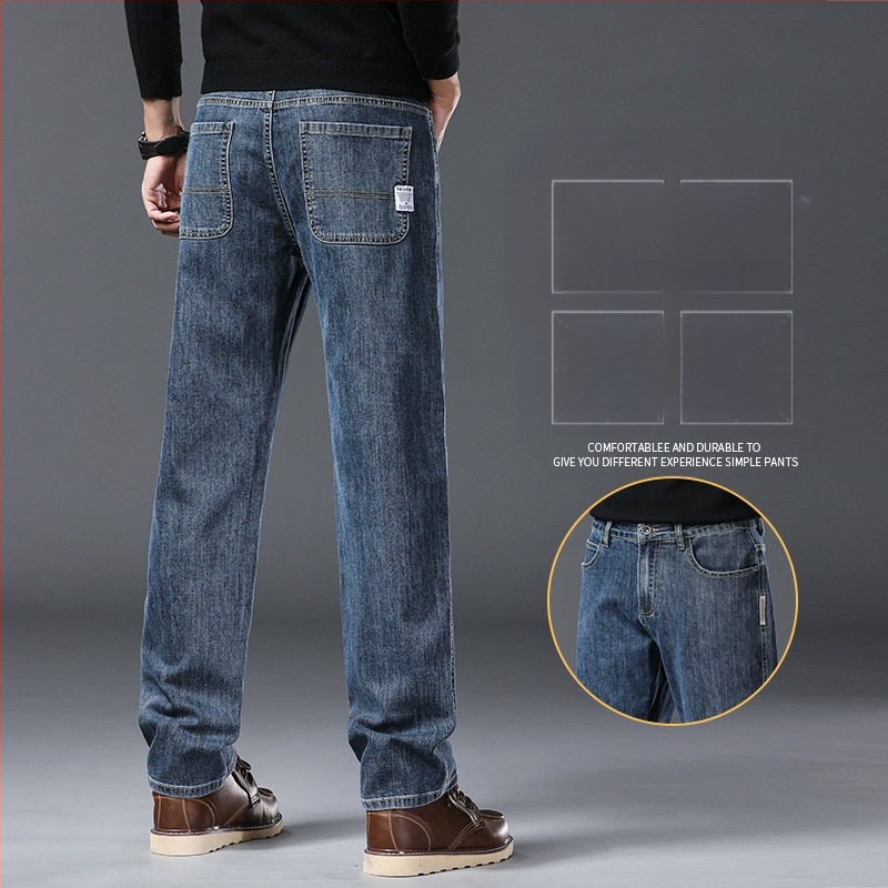 Jeanși pentru bărbați — croială dreaptă, talie medie, amestec bumbac-poliester cu 66,2% bumbac, 32,3% poliester, 1,5% spandex; fermoar, buzunare multiple, pantaloni lungi casual