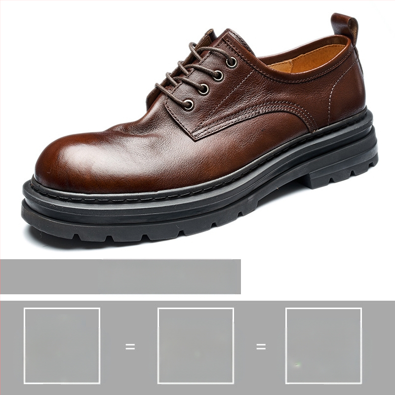 Vīriešu ādas zemas kurpes, pirmās kārtas liellopu āda, apaļa purngala, gumijas zole, papēža augstums 3–5 cm