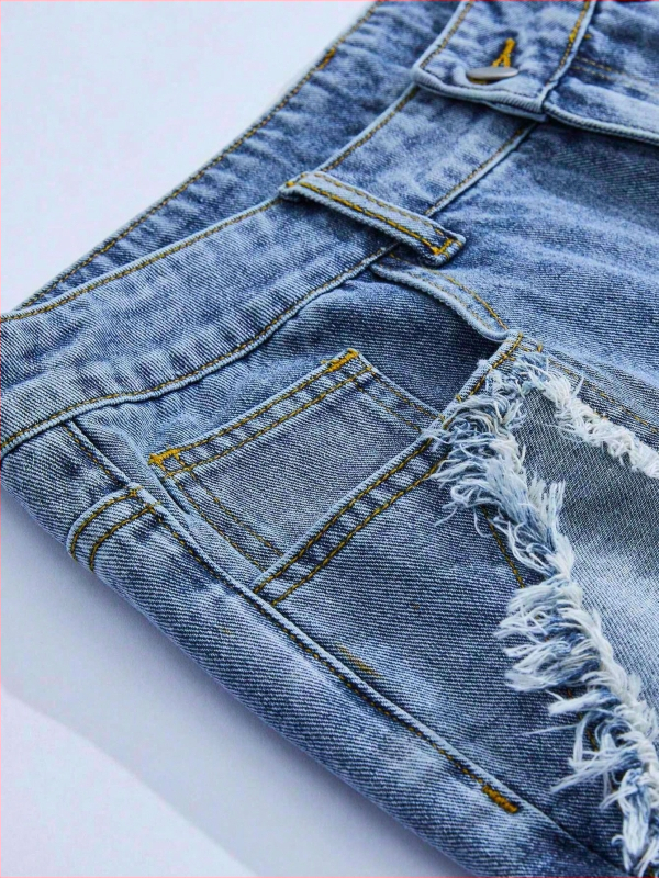 Деним къси панталони със винтидж уличен стил, патч със звезда с пет точки и мотив котешки мустаци, прав силует, 5-инчова вътрешна дължина, ресни по ръба