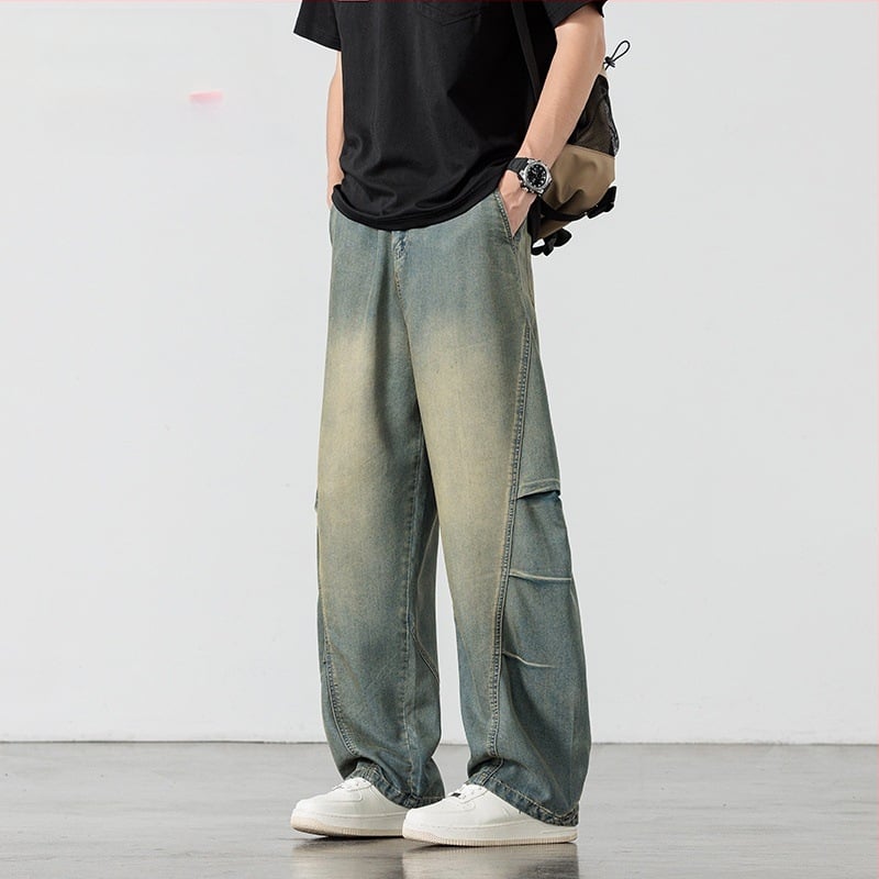 Pantaloni denim vintage pentru bărbați, croi drept, talie înaltă, închidere cu șnur, țesătură subțire elastică, stil coreean