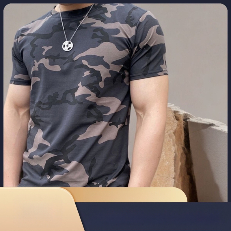 Tricou bărbătesc camuflaj din amestec de bumbac, mâneci scurte, guler rotund, croială slim