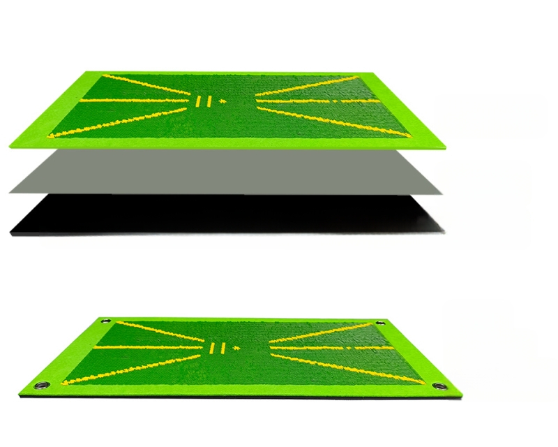 Golf pálya követő matrac – vastag, tartós ütőfelület pailettaival; Anyag: 5 mm SBR gumi + 3 mm filc; Nyomtatott logó; Testreszabás