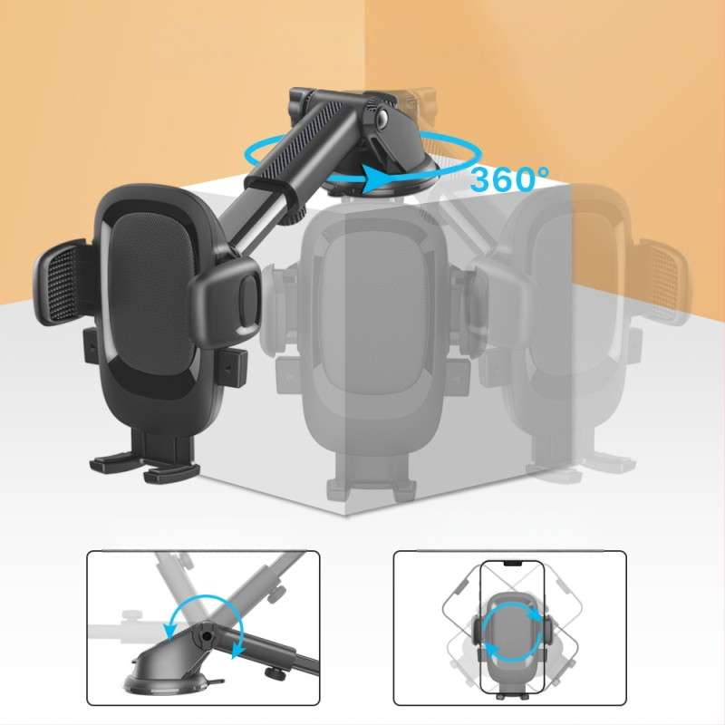 Suport auto pentru telefon cu ventuză rotativă și tijă telescopică reglabilă, universal, din plastic