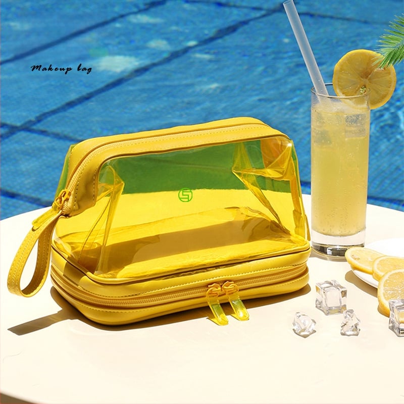 Geantă de machiaj din PVC cu interior laminat și închidere cu fermoar, țesătură poliesterică, formă orizontală pătrată, stil mini pătrat